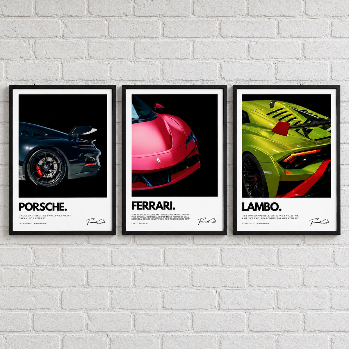 PORSCHE, FERRARI & LAMBO – SET OF 3 FRAMED POSTERS (42x30CM EACH)