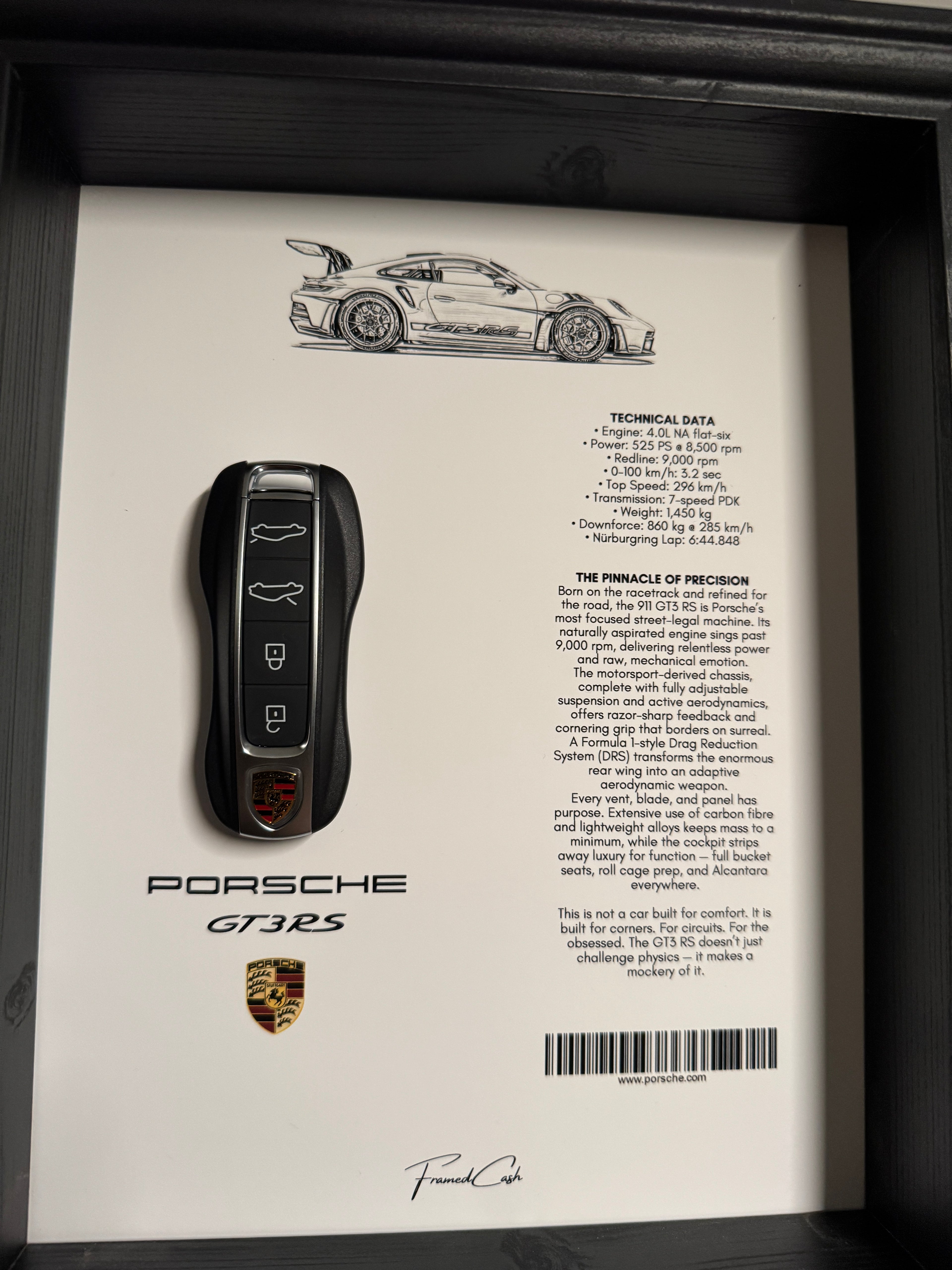 Porsche GT3 RS Car Key & Spec Sheet Frame