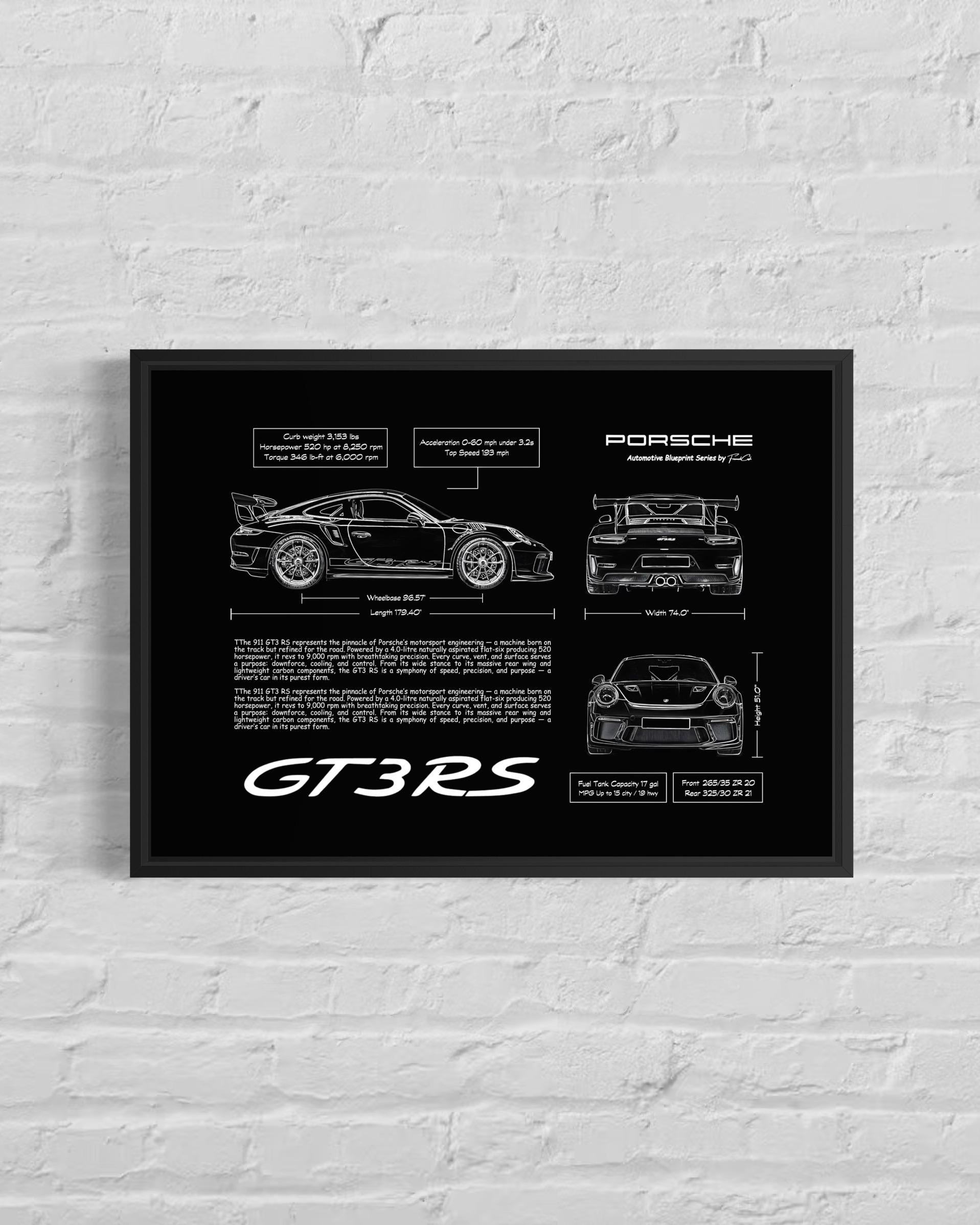 Porsche 911 GT3 RS Blueprint – Wall Art Poster Frame (A3)