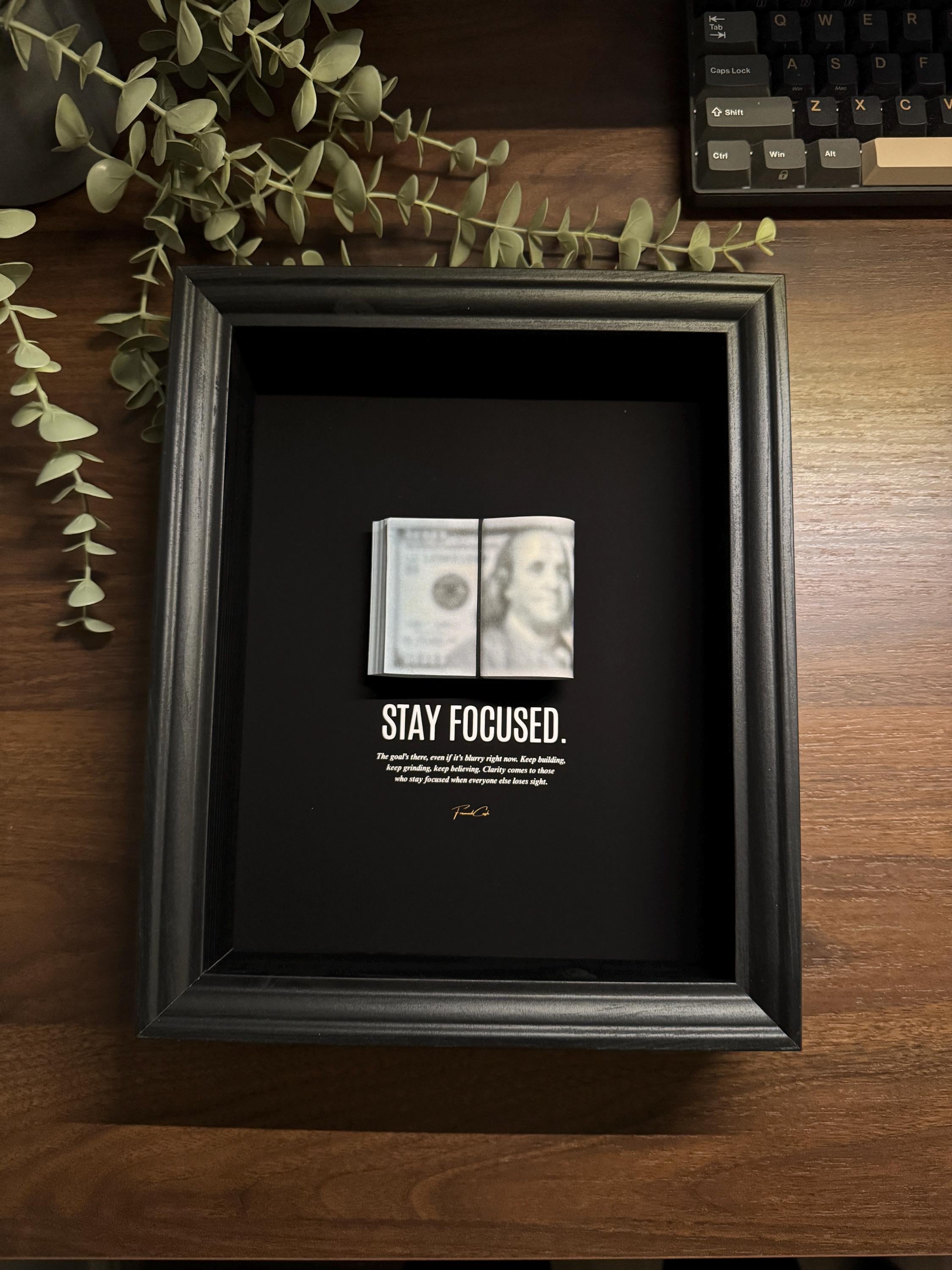 Stay Focused Frame by FramedCash – Blurred USD Stack | Motivational Money Art (20x25cm)