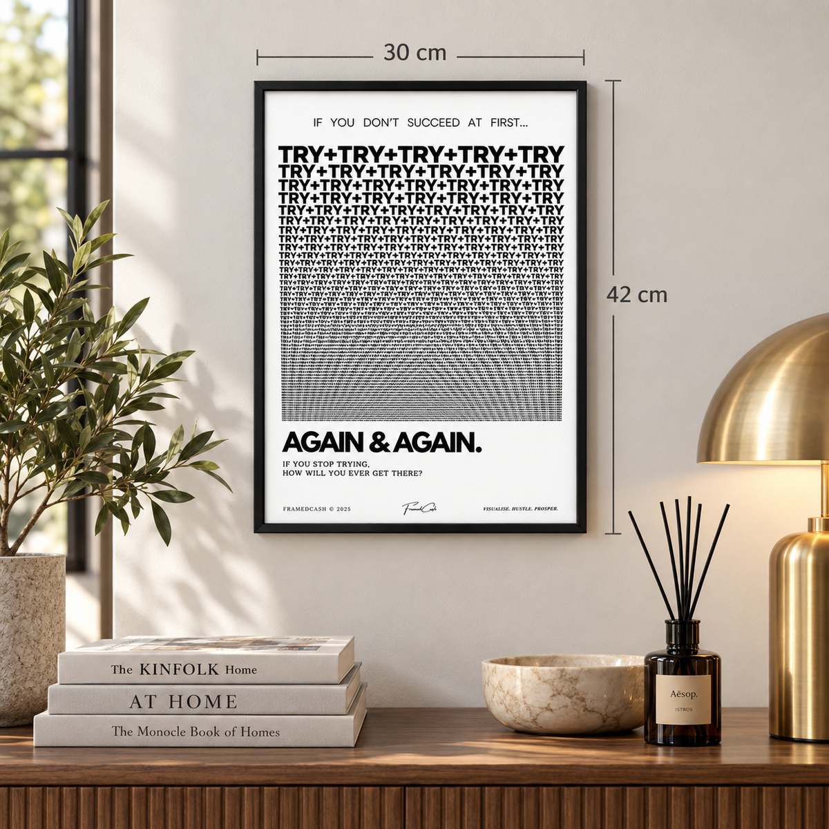 TRY AGAIN & AGAIN – MOTIVATIONAL POSTER FRAMED (42x30CM)