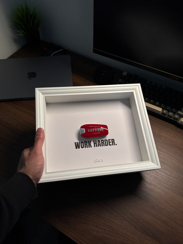 La Ferrari Key Frame – WORK HARDER White Frame by FramedCash | 20x25cm | Luxury Decór