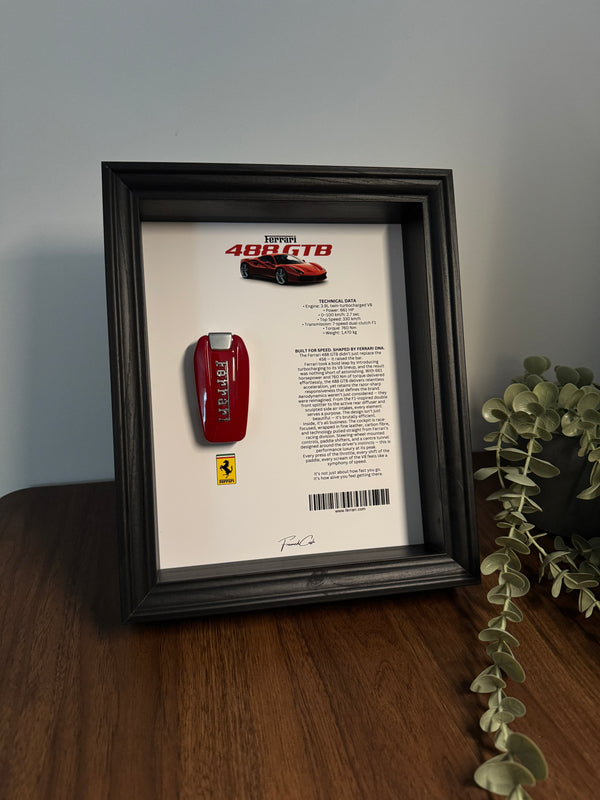 Ferrari 488 GTB Key & Spec Sheet Frame by FramedCash | 25x20cm Luxury Car Art | Collector's Edition