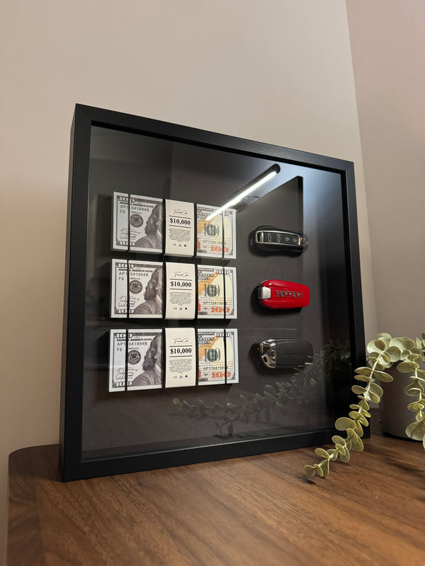 The Wealth Display – Dollar & Supercar Key Frame by FramedCash | Luxury Motivation Wall Art | 35x35cm | LIMITED EDITION.