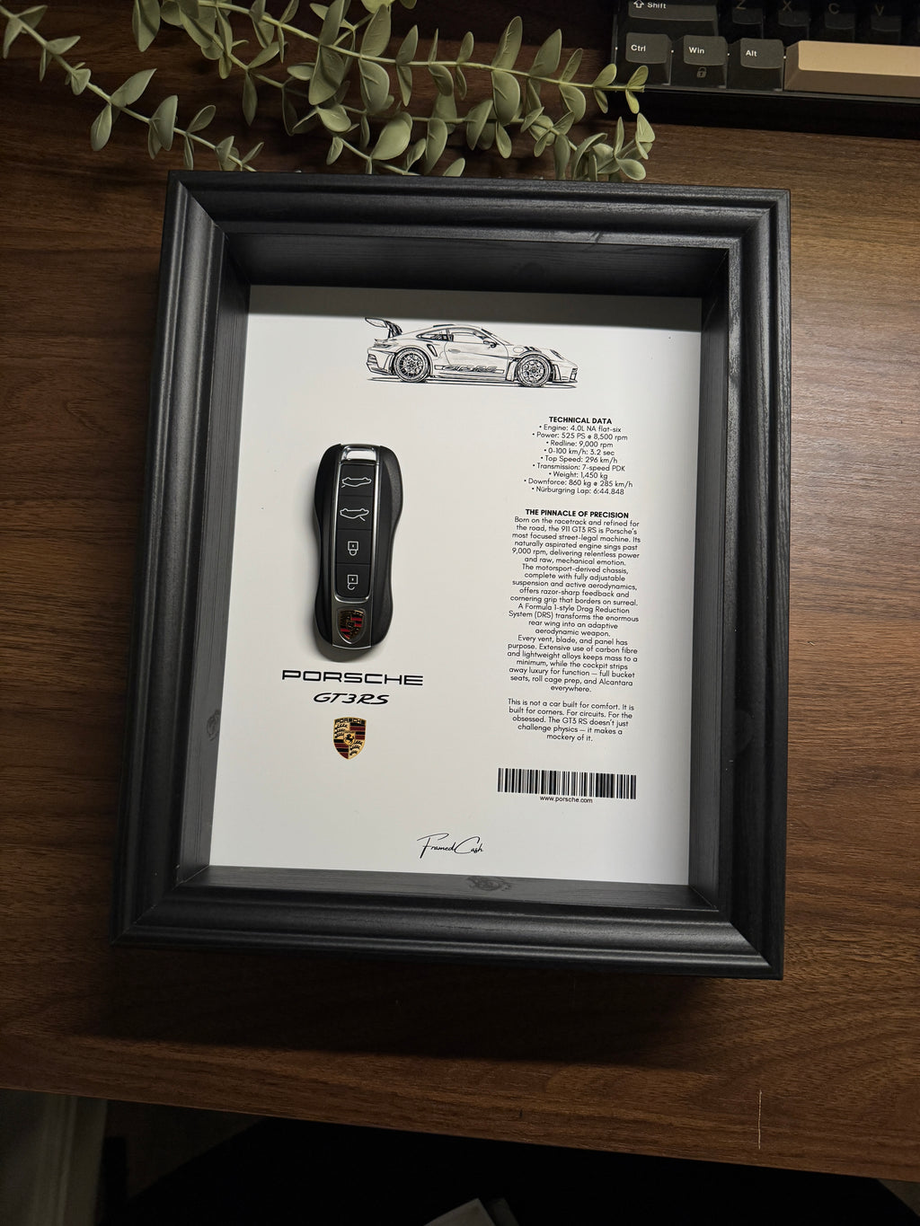 Porsche GT3 RS Car Key & Spec Sheet Frame