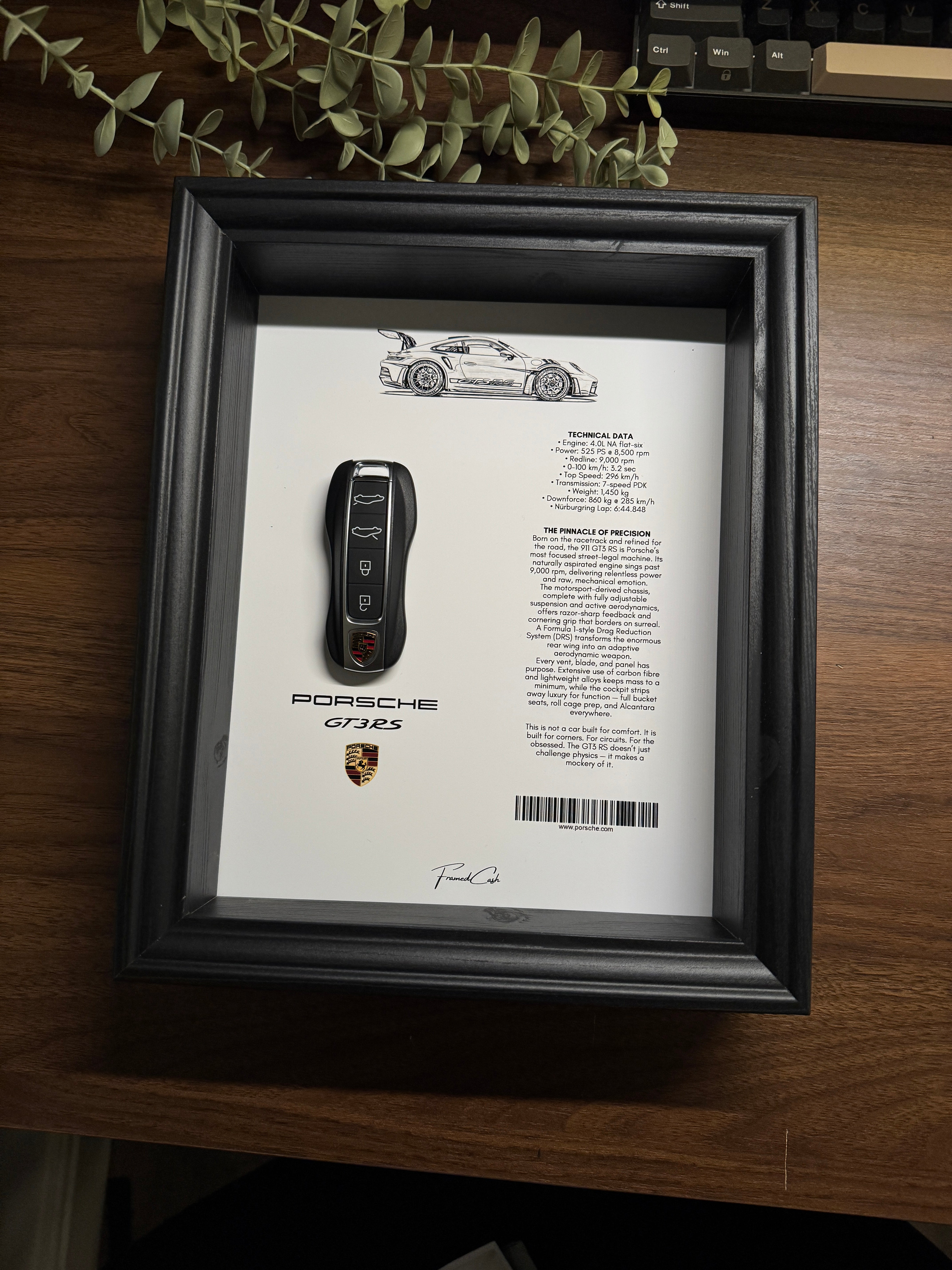 Porsche GT3 RS Car Key & Spec Sheet Frame