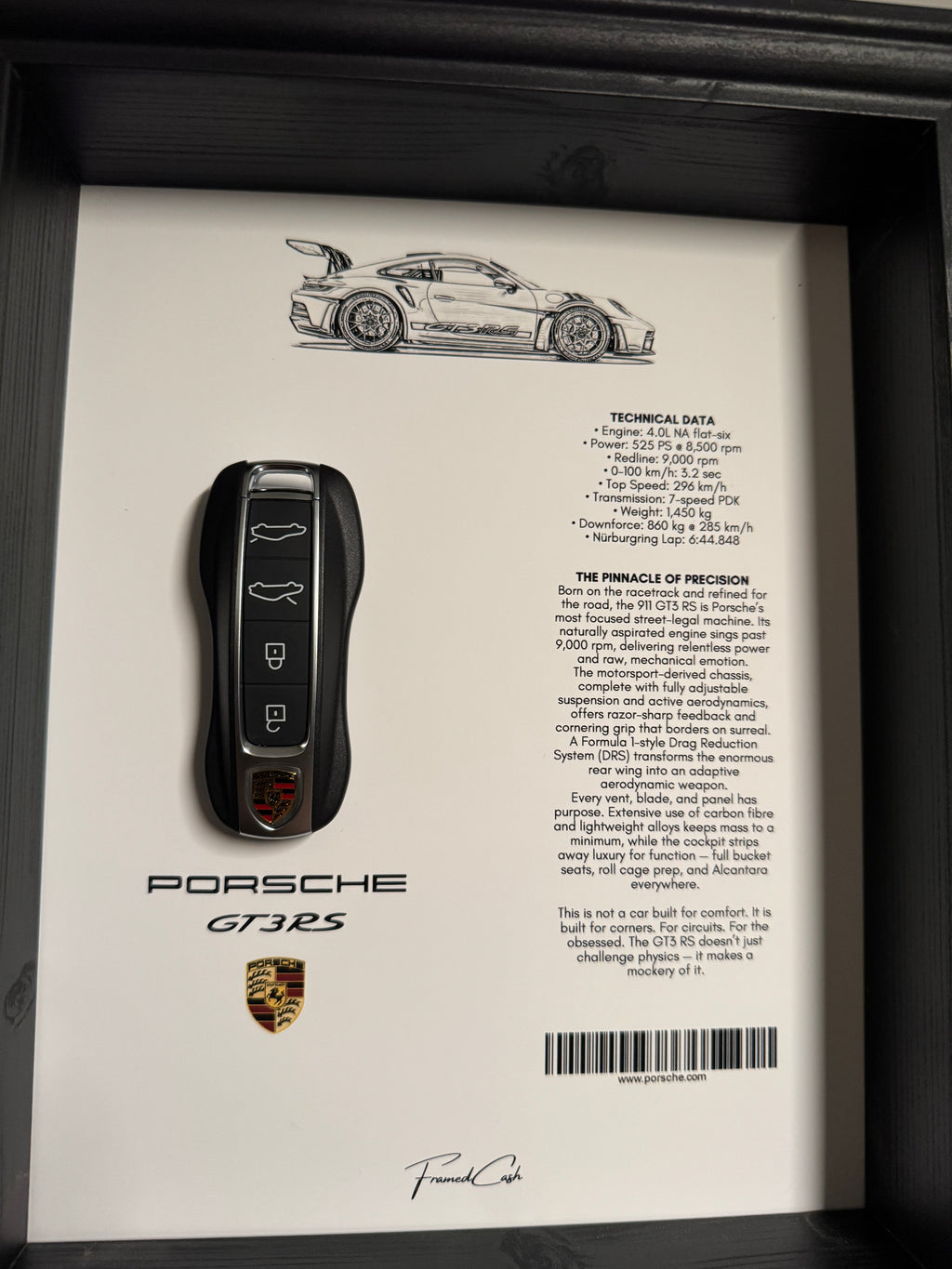 Porsche GT3 RS Car Key & Spec Sheet Frame