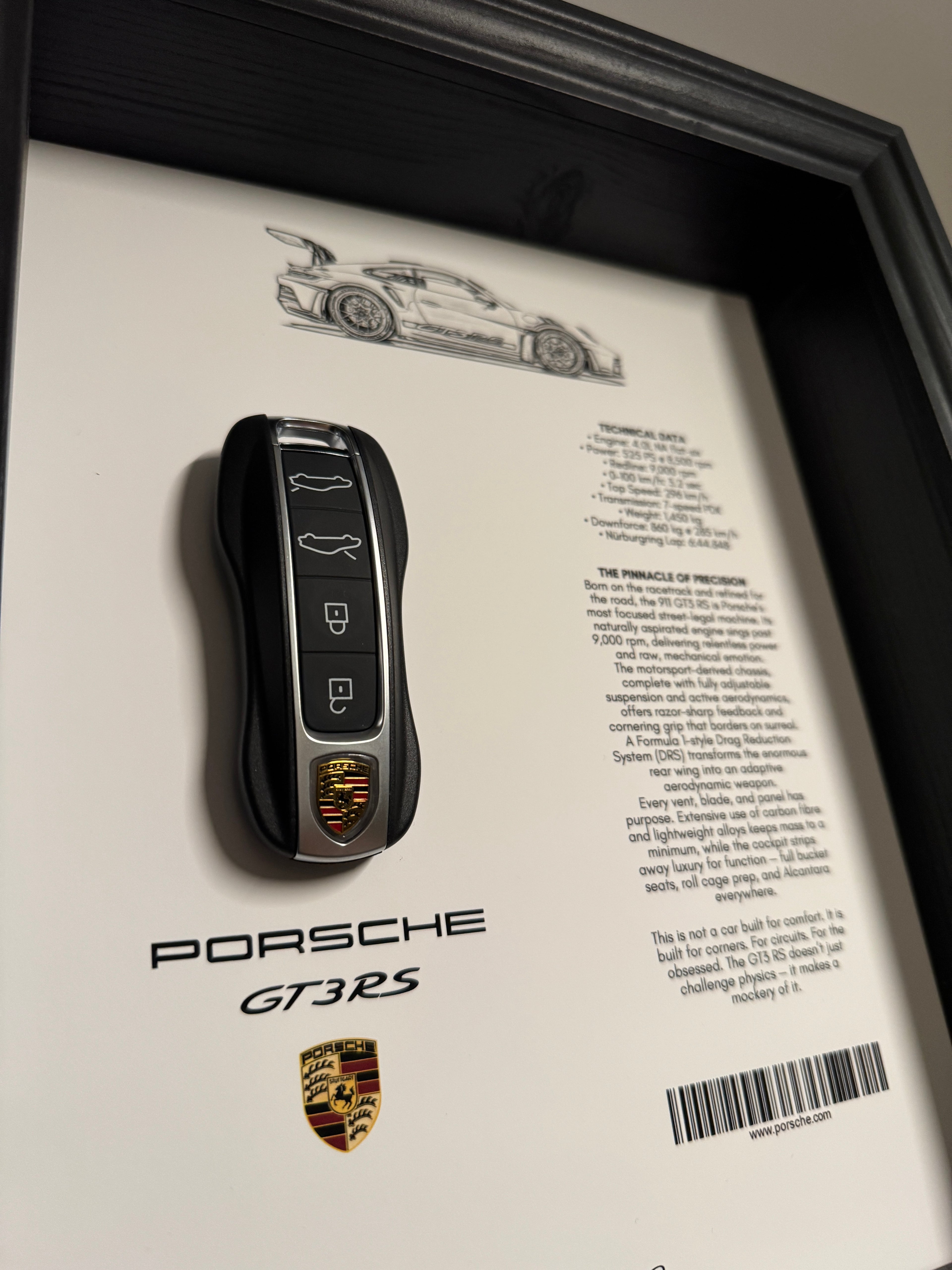 Porsche GT3 RS Car Key & Spec Sheet Frame