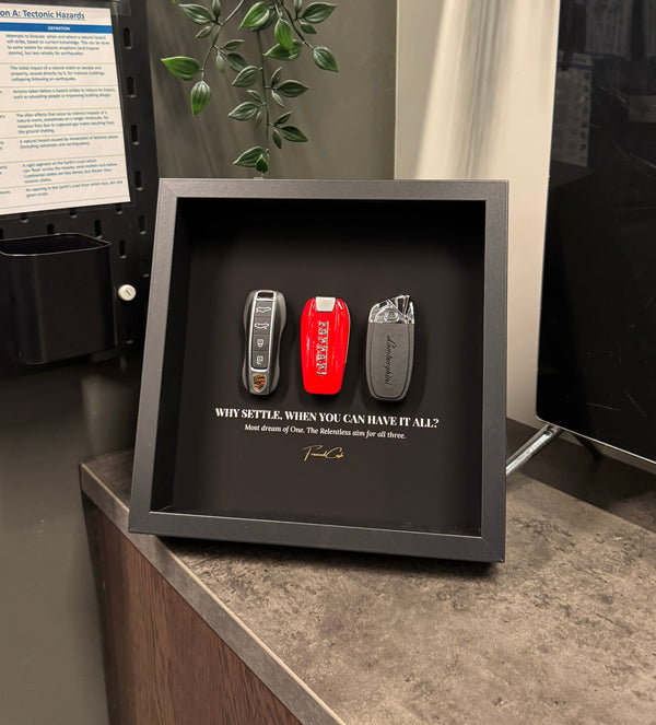 Supercar Trinity Frame by FramedCash | Porsche Ferrari Lamborghini Keys | 25x25cm