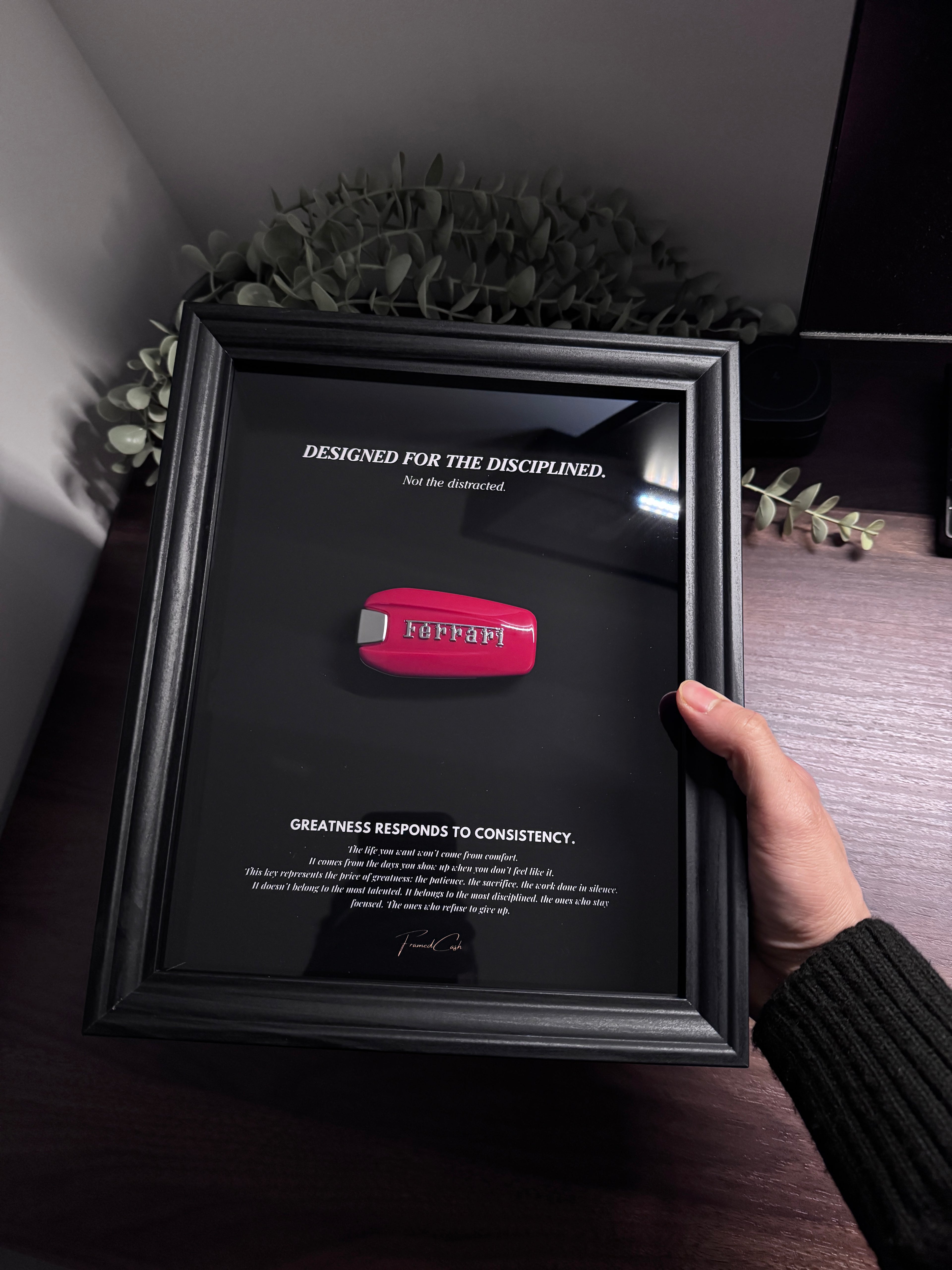 Designed for the Disciplined - Motivational Ferrari Key Frame (Black Edition)