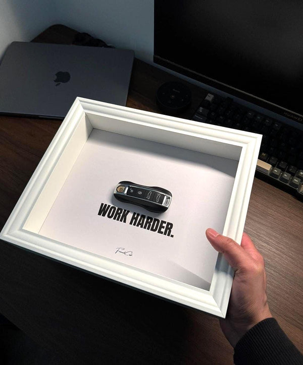 Porsche Key Frame – WORK HARDER White Frame by FramedCash | 20x25cm | Luxury Decór