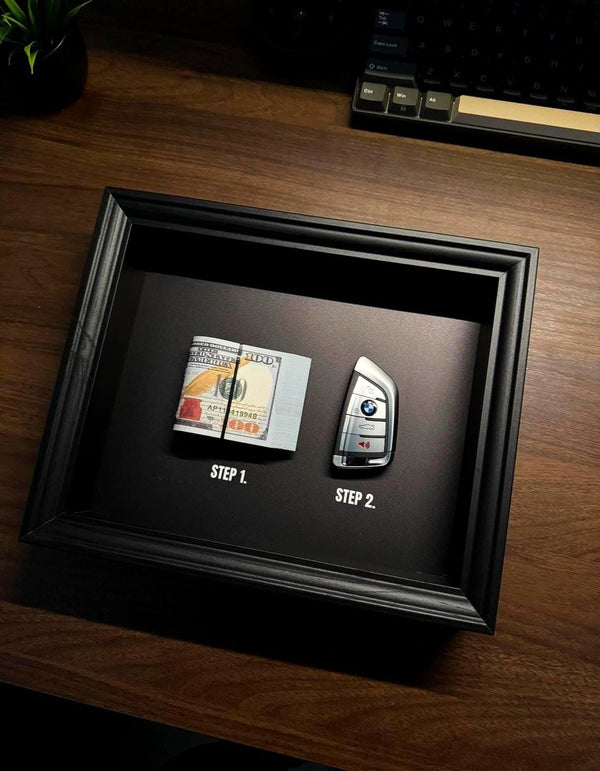 Step 1. Step 2. Frame by FramedCash | BMW Key & Dollar Cash Stack | Money Wall Art Home Décor | 25x20cm