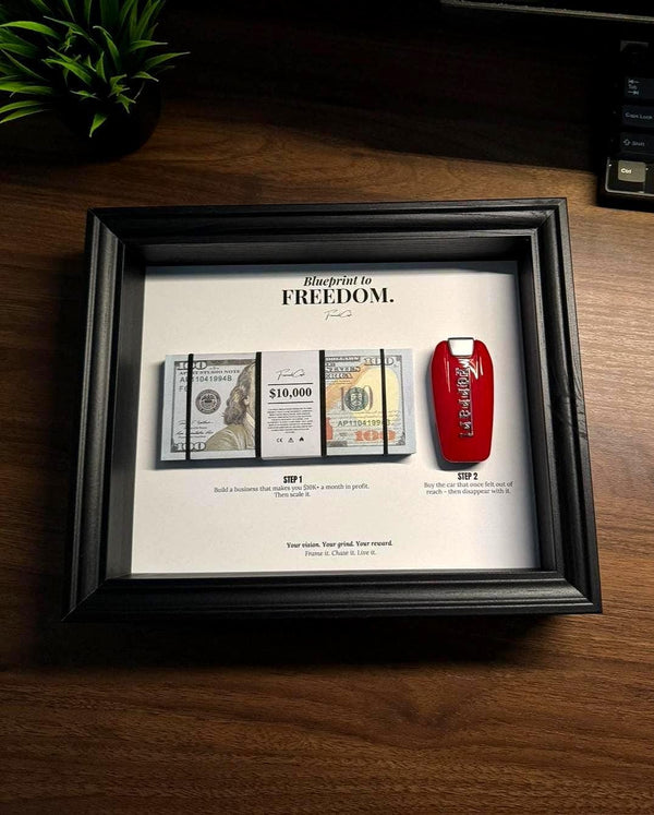 Blueprint to Freedom Frame by FramedCash | Supercar Key + 10K Stack | 25x20cm | Motivational Wall Art home decor.