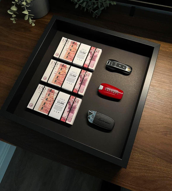 The Wealth Display – Pounds & Supercar Keys Frame by FramedCash | Luxury Motivation Wall Art | 35x35cm | LIMITED EDITION.