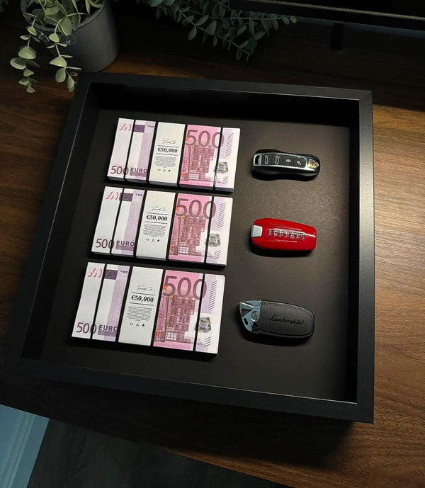 The Wealth Display – Euro & Supercar Keys Frame by FramedCash | Luxury Motivation Wall Art | 35x35cm | LIMITED EDITION.