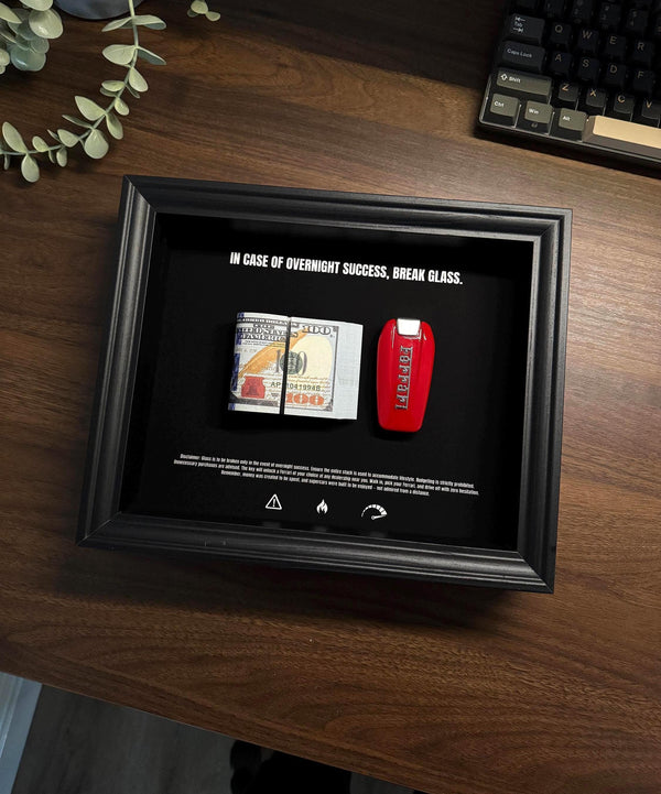 Dollar & Ferrari Key Frame - In Case Of Overnight Success Frame - By FramedCash 25x20cm | Luxury Home Decor Money Art.