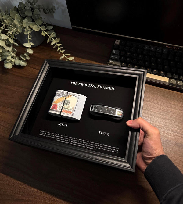 The Process, framed by FramedCash | Porsche Key & Dollar Cash Stack | Money Wall Art Home Décor | 25x20cm