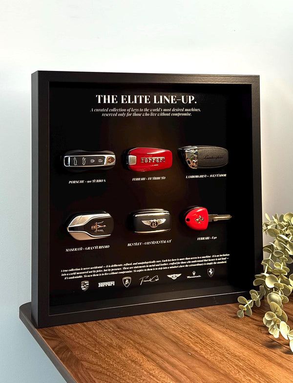 The Elite Line-Up Key Frame by FramedCash | 35x35cm Luxury Supercar Keys Display | High-End Limited Edition Wall Art Décor.