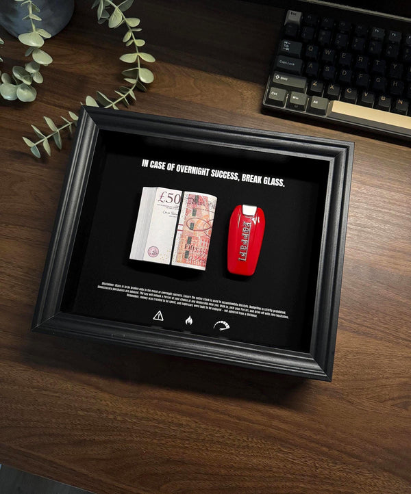GBP & Ferrari Key Frame by FramedCash - In Case Of Overnight Success Frame 25x20 cm | Luxury Home Decor money art.