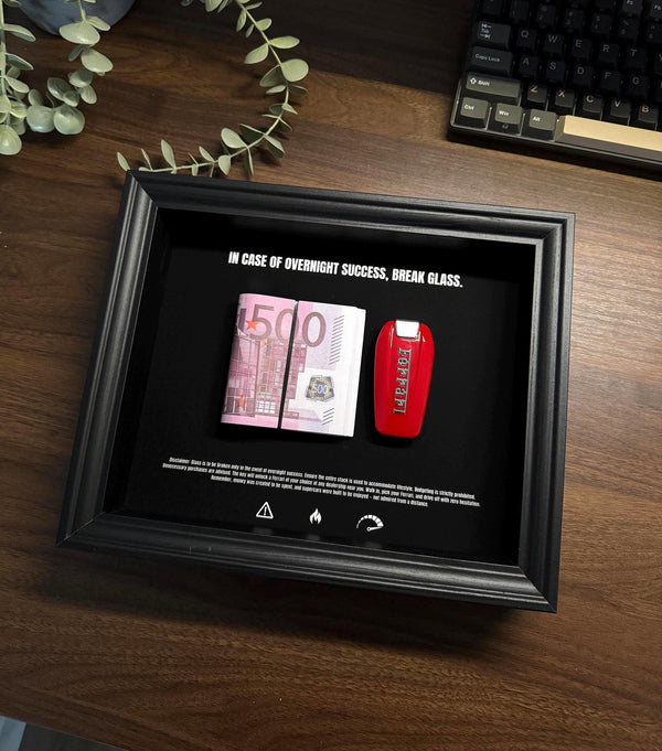 Euro & Ferrari Key Frame by FramedCash - In Case Of Overnight Success Frame 25x20 cm | Luxury Home Decor money art.