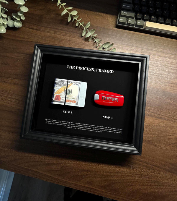 The Process, framed by FramedCash | Ferrari Key & Dollar Cash Stack | Money Wall Art Home Décor | 25x20cm