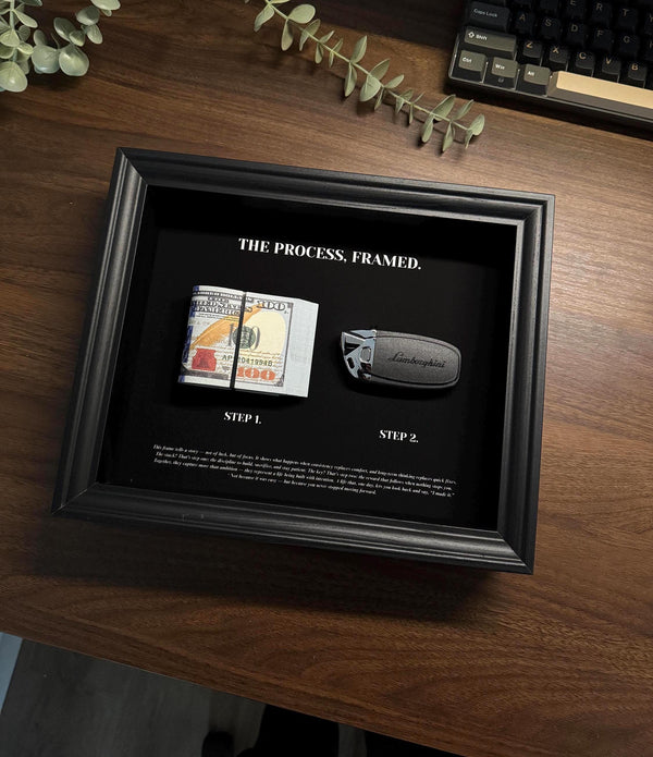 The Process, framed by FramedCash | Lamborghini Key & Dollar Cash Stack | Money Wall Art Home Décor | 25x20cm