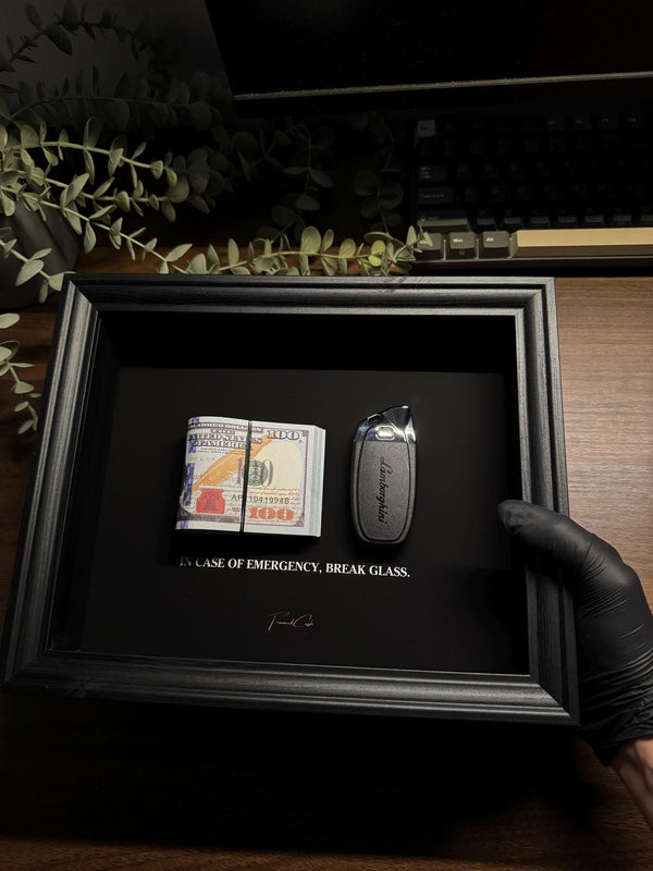 In Case of Emergency Lamborghini Key & Dollar Cash Frame by FramedCash | 25x20cm Luxury Money Wall Art