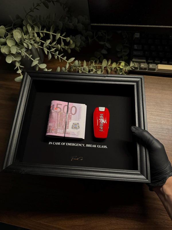 In Case of Emergency Ferrari Key & Euro Cash Frame by FramedCash | 25x20cm Luxury Money Wall Art