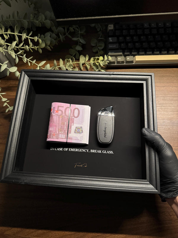 In Case of Emergency Lamborghini Key & Euro Cash Frame by FramedCash | 25x20cm Luxury Money Wall Art