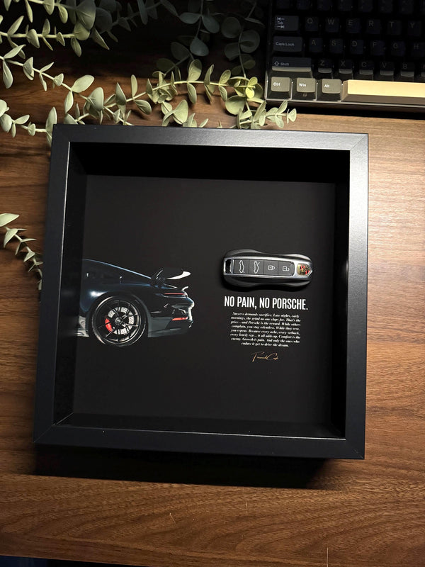 No Pain, No Porsche Key Frame by FramedCash | 25x25cm Motivational Porsche Key Frame Wall Art