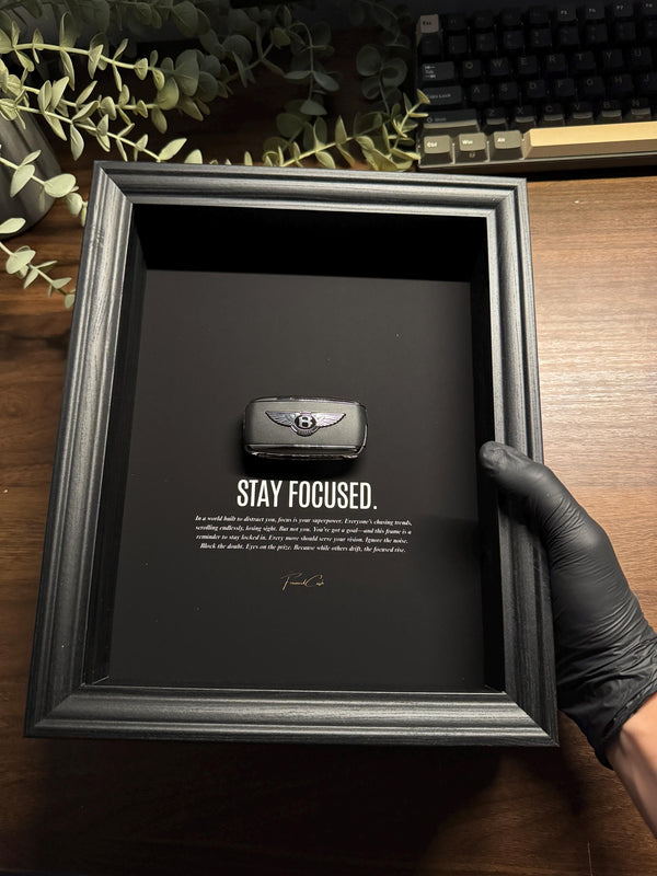 Stay Focused Bentley Key Frame by FramedCash | Motivational Wall Art | 25x20cm Luxury Car Decor for Entrepreneurs