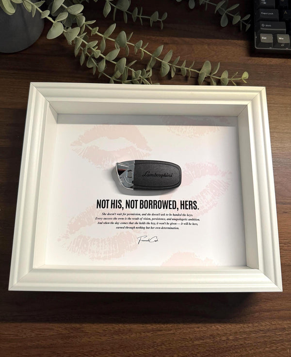 Lamborghini Key Frame – Not His, Not Borrowed, Hers by FramedCash | 25x20cm Luxury Wall Art for Women | Gift for her