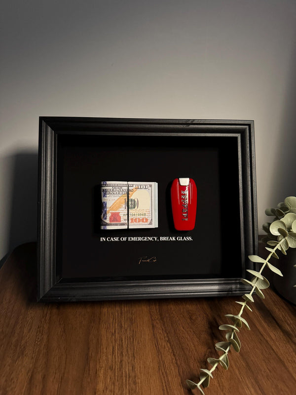 In Case of Emergency Ferrari Key & Dollar Cash Frame by FramedCash | 25x20cm Luxury Money Wall Art