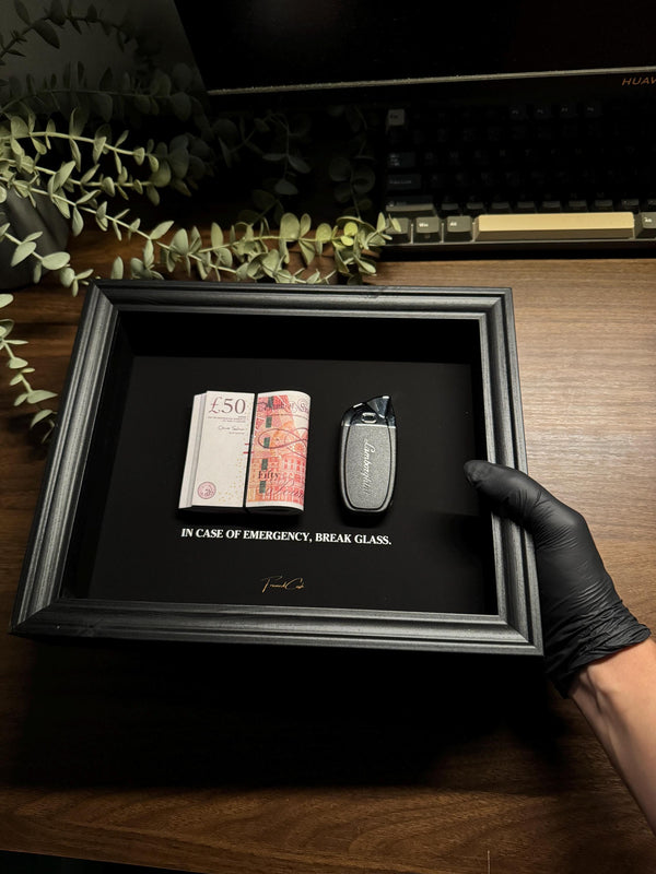 In Case of Emergency Lamborghini Key & Pound Cash Frame by FramedCash | 25x20cm Luxury Money Wall Art