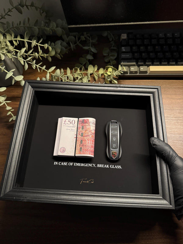 In Case of Emergency Porsche Key & Pound Cash Frame by FramedCash | 25x20cm Luxury Money Wall Art
