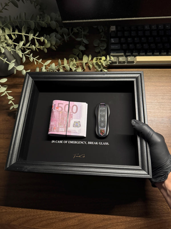 In Case of Emergency Porsche Key & Euro Cash Frame by FramedCash | 25x20cm Luxury Money Wall Art