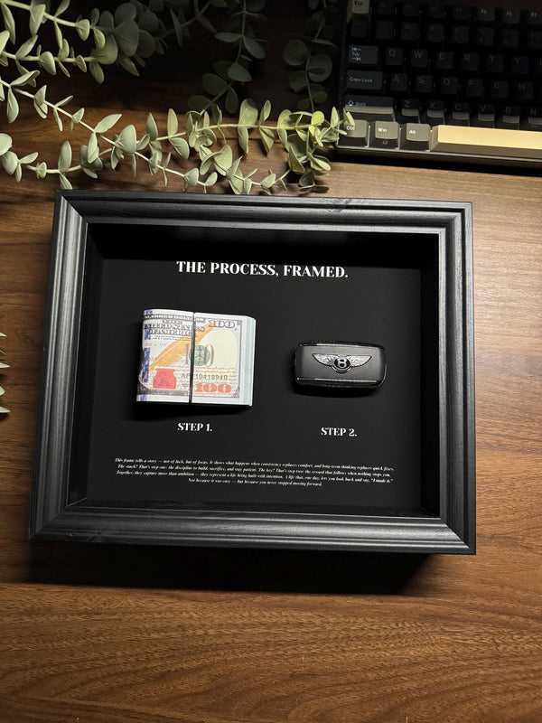 The Process, framed by FramedCash | Bentley Key & Dollar Cash Stack | Money Wall Art Home Décor | 25x20cm