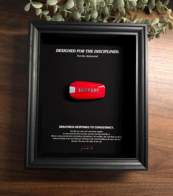 Motivational Ferrari Key Frame by FramedCash | Designed for the Disciplined Collection | Black Edition | 25x20cm Wall Décor