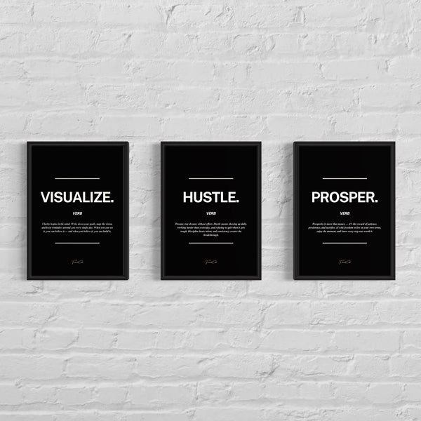 Motivational Poster Frame Bundle – Visualize, Hustle, Prosper (3 x A4 Size) | FramedCash