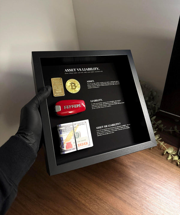 Asset vs Liability Frame, by FramedCash | Gold; Bitcoin; Supercar key; Money Frame | 25x25cm Luxury Wall Art Décor | For Home and Office