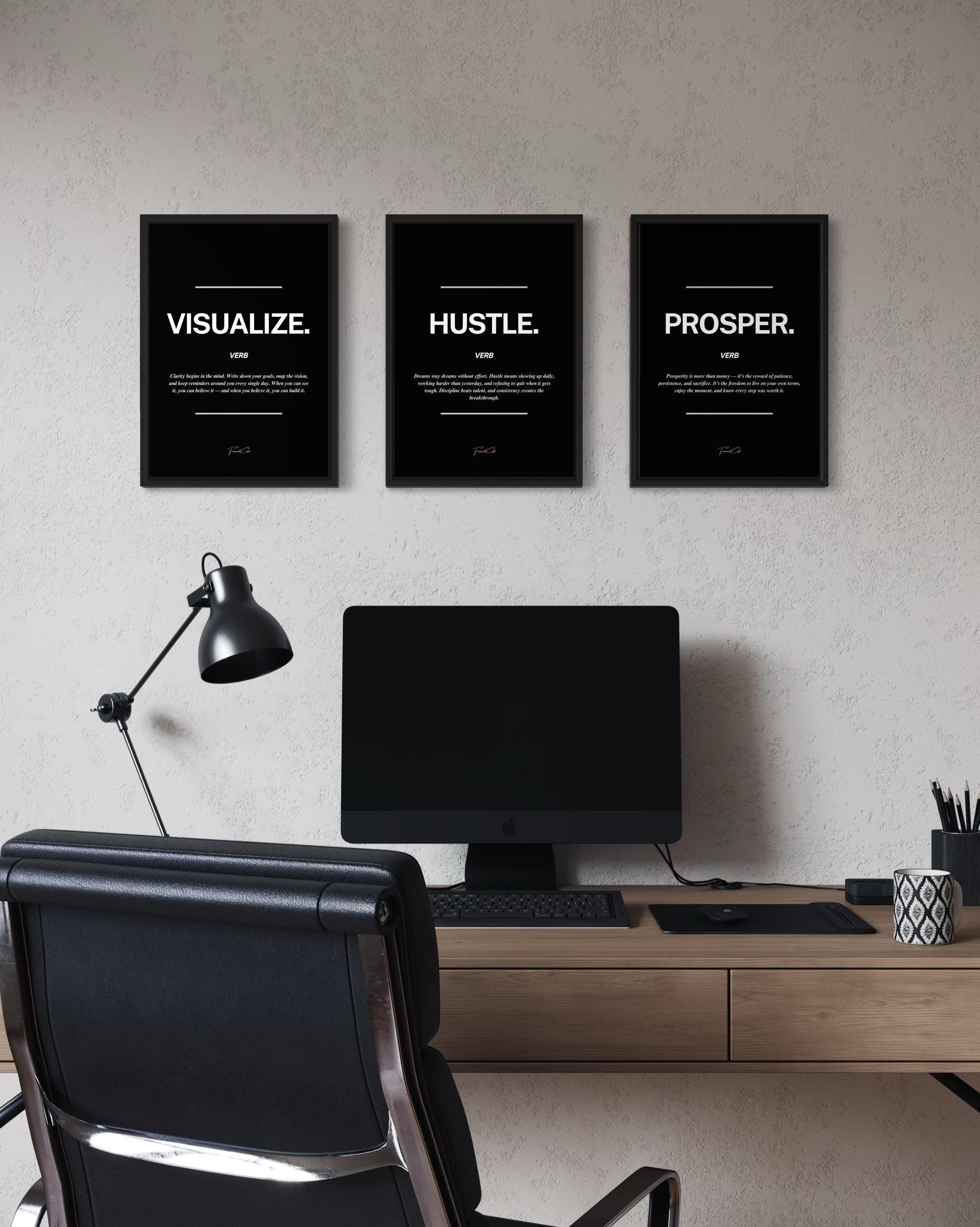 Motivational Poster Frame Bundle – Visualize, Hustle, Prosper (3 x A4 Size)