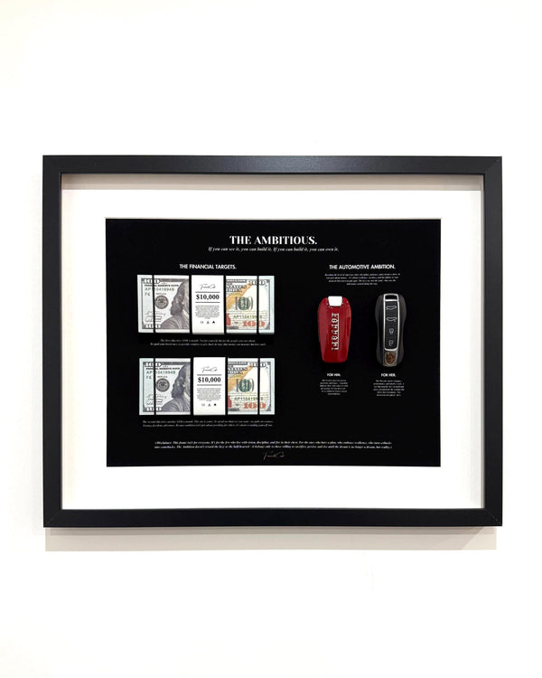 The Ambitious, Luxury Frame by FramedCash | Limited Edition Dollar Stacks and Supercar key Wall Art For Entrepreneurs | 40x50cm
