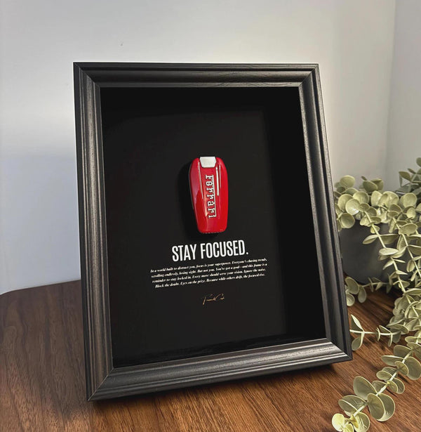 Stay Focused Ferrari Key Frame by FramedCash | Motivational Wall Art | 25x20cm Luxury Car Decor for Entrepreneurs