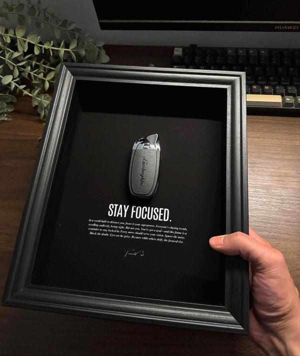 Stay Focused Lamborghini Key Frame by FramedCash | Motivational Wall Art | 25x20cm Luxury Car Decor for Entrepreneurs.