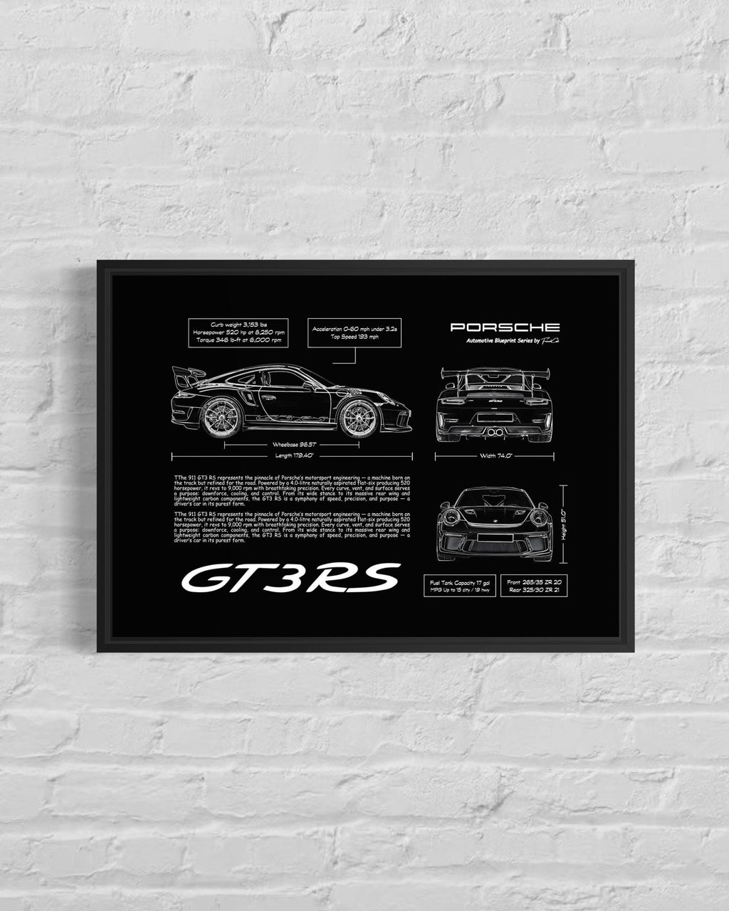 Porsche 911 GT3 RS Blueprint – Wall Art Poster Frame (A3)
