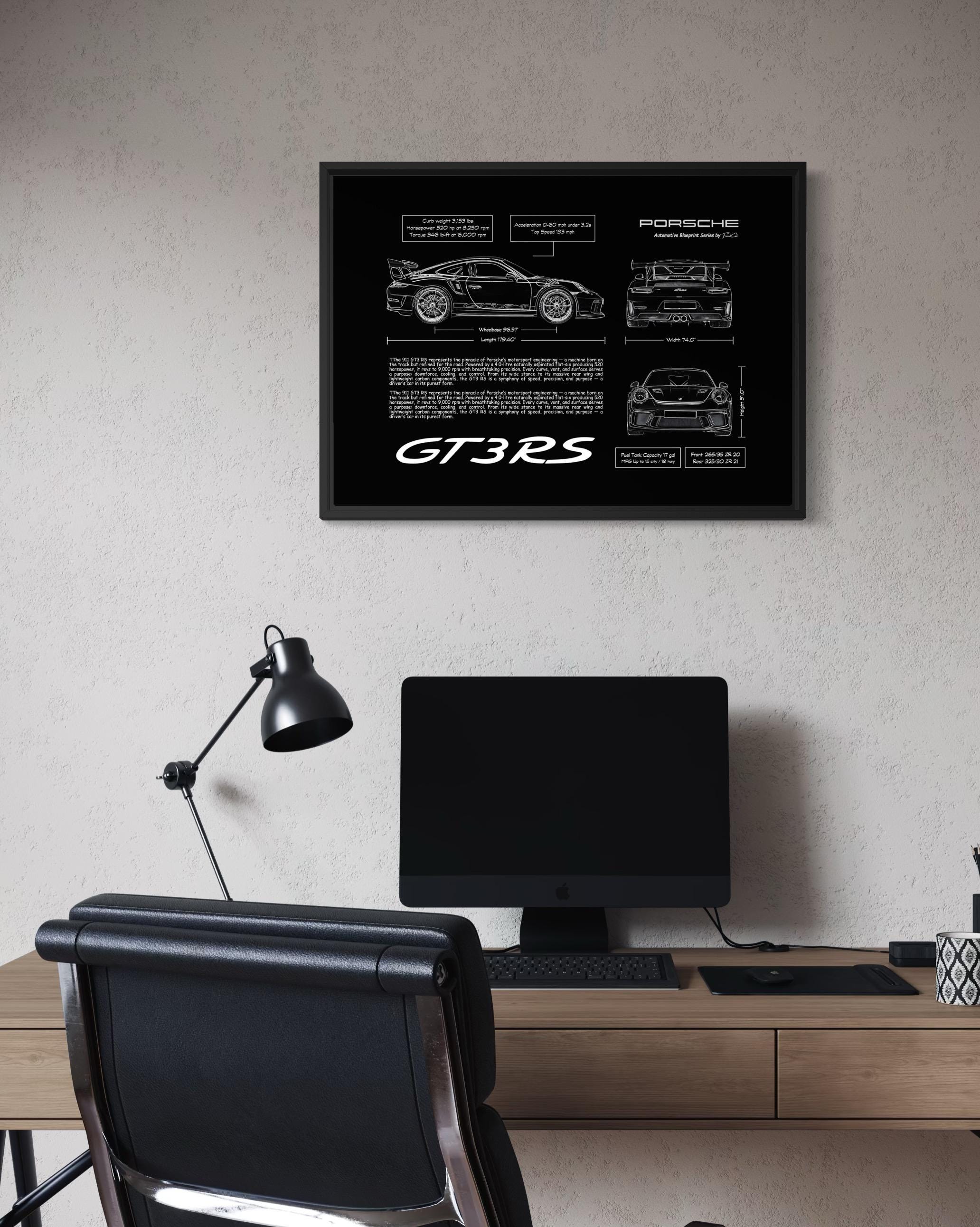 Porsche 911 GT3 RS Blueprint – Wall Art Poster Frame (A3)