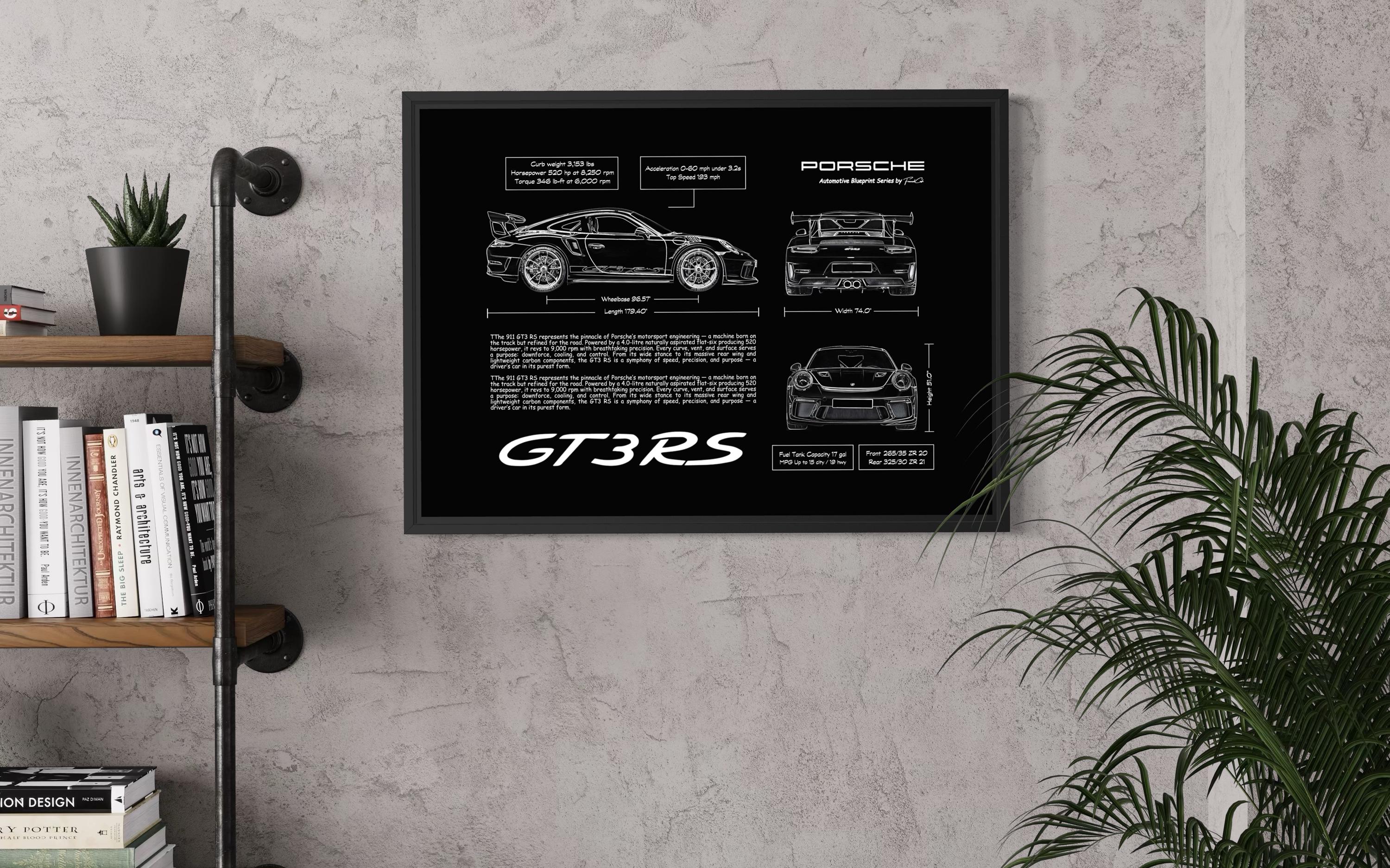 Porsche 911 GT3 RS Blueprint – Wall Art Poster Frame (A3)