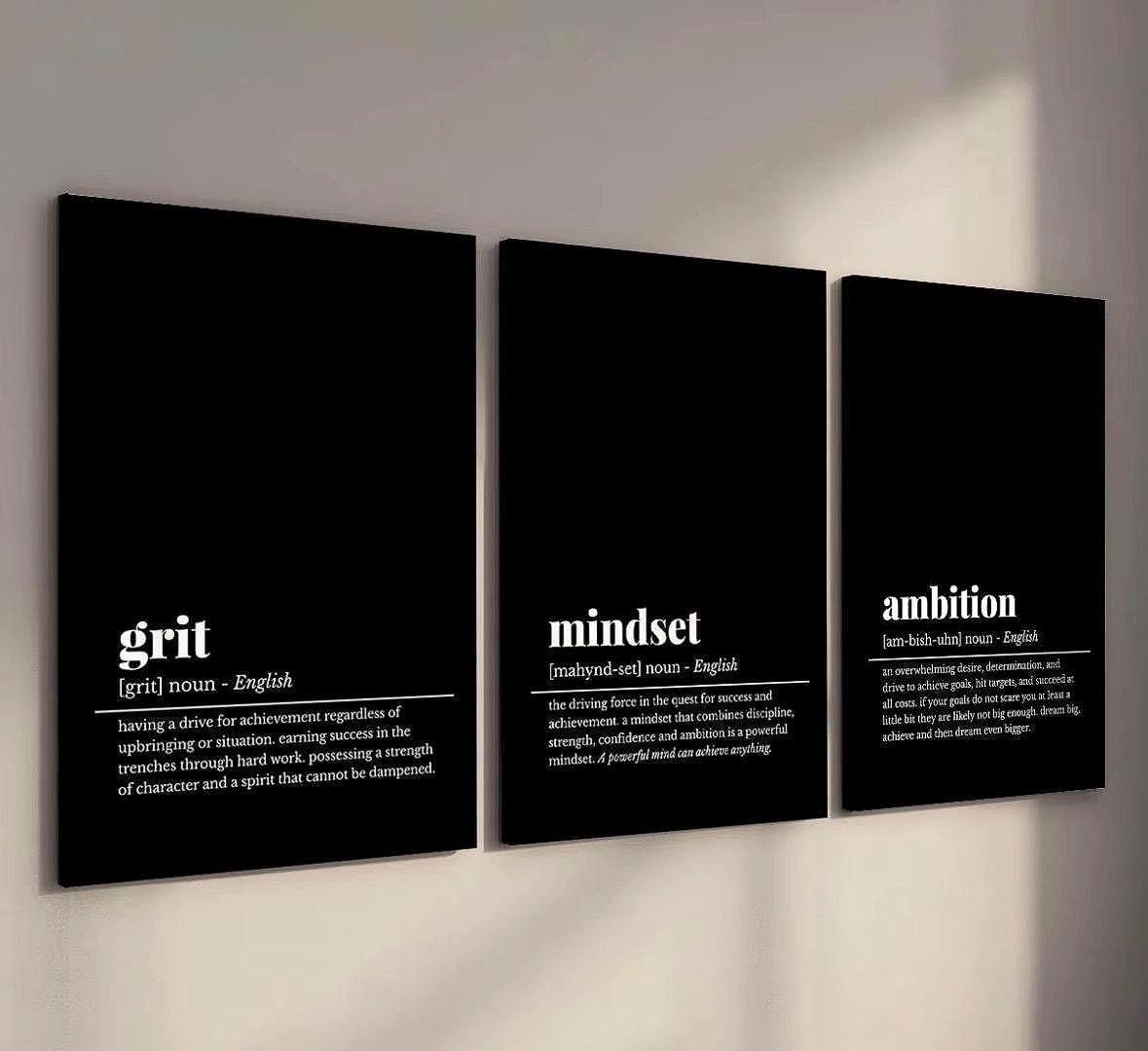 The Trinity Of Discipline – Grit. Mindset. Ambition. - Set of 3 Wooden Canvas Poster