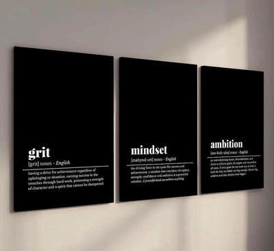 The Trinity Of Discipline – Grit. Mindset. Ambition. - Set of 3 Wooden Canvas Poster